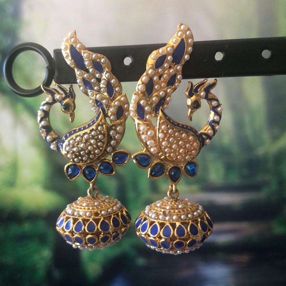 Blue and gold peacock earrings